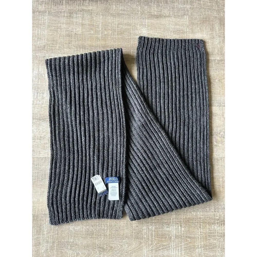 Polo Ralph Lauren Scarf Gray Rib Knit Logo Mens 10x72 Classic Preppy Classic NWT